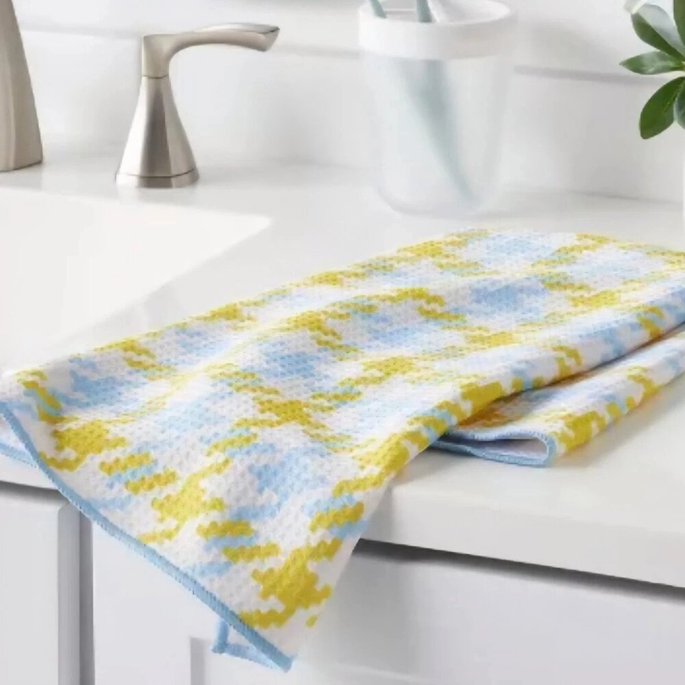 Set Of 2 Waffle Hand Towels Room Essentials Blue/Yellow Houndstooth 16×26"